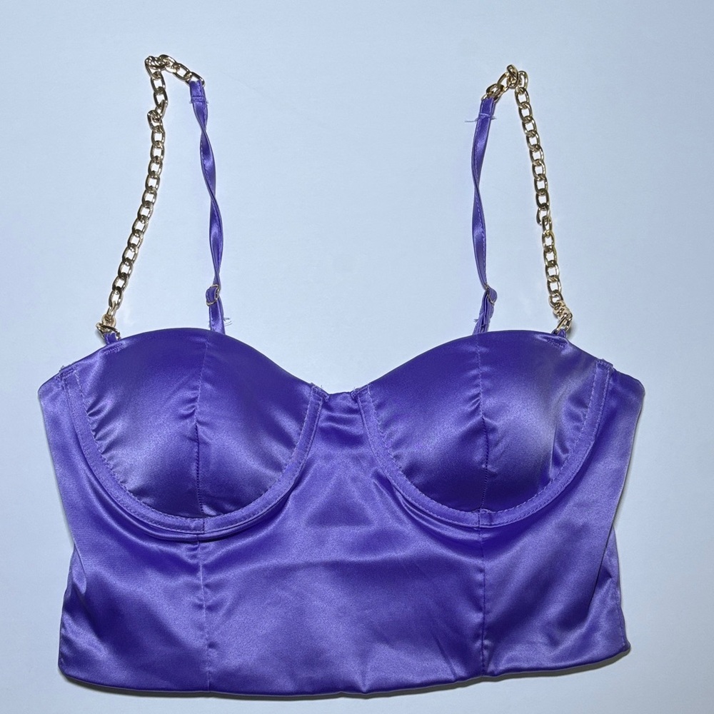 Fashion Nova Violet Satin Top with Gold Chain Straps